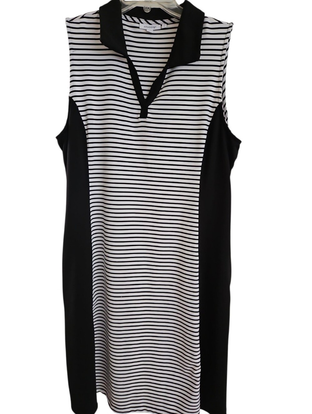 Chico's 2 Shift Dress Size L Skeeveless V Neck Black White Stripes Athleisure